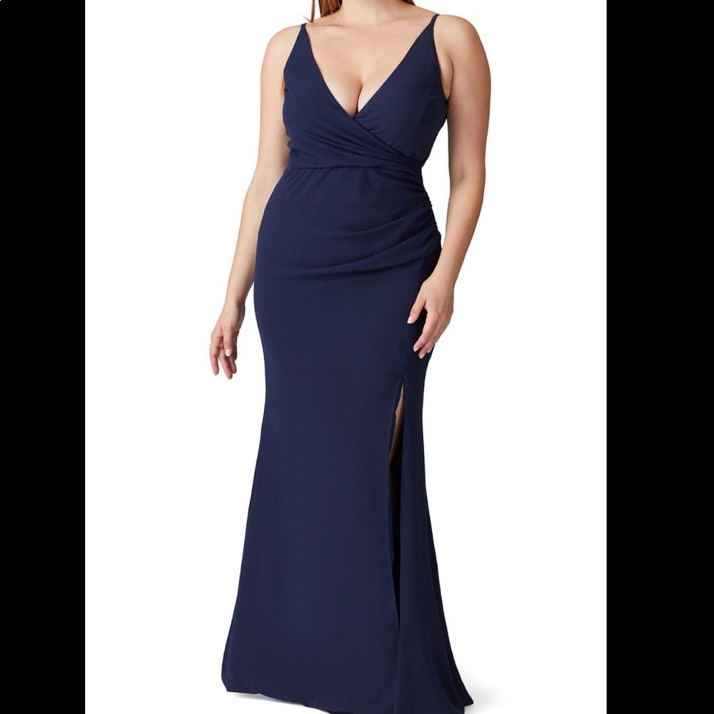Dress the Population Navy Blue Ruched Side Slit Gown Dress New Extra Large
